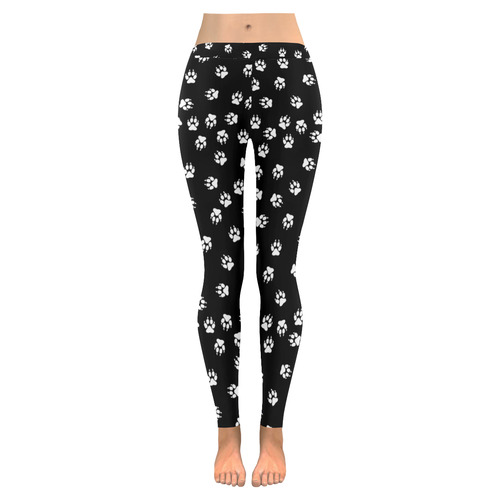 Footprints DOG white on black background Women's Low Rise Leggings (Invisible Stitch) (Model L05)