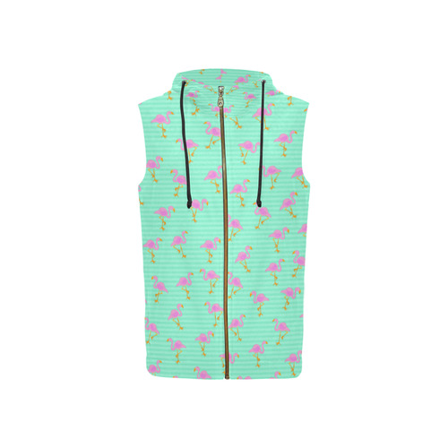 Pink and Green Flamingo Pattern All Over Print Sleeveless Zip Up Hoodie for Women (Model H16)