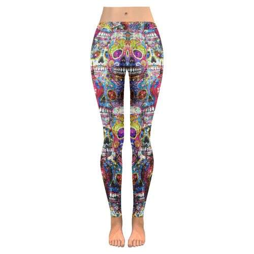 Colorfully Flower Power Skull Grunge Pattern Women's Low Rise Leggings (Invisible Stitch) (Model L05)