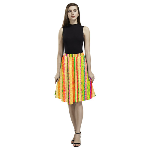 Colorful Stripes on Curls Pattern Melete Pleated Midi Skirt (Model D15)
