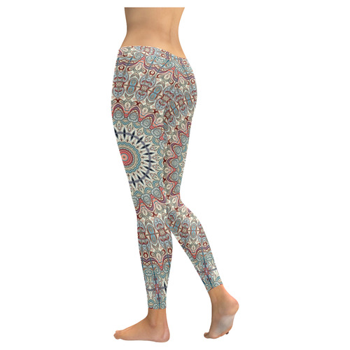 Oriental Watercolor Mandala Soft Blue Red Women's Low Rise Leggings (Invisible Stitch) (Model L05)