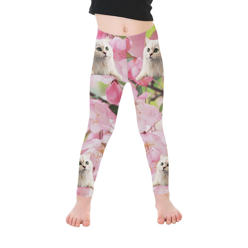 Cat and Flowers Kid's Ankle Length Leggings (Model L06)