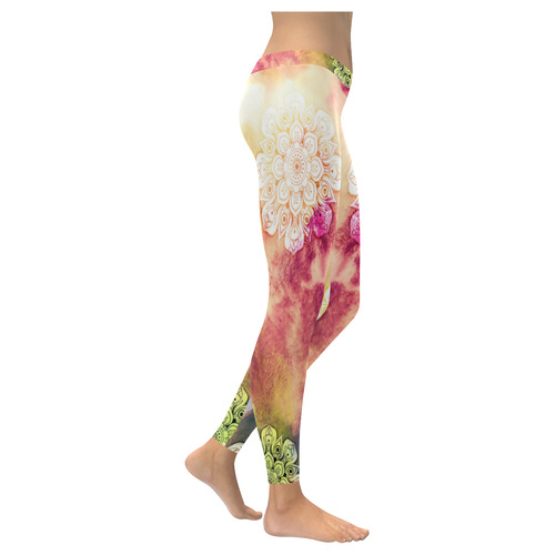 Watercolor LOTUS MANDALA Pattern - grunge style Women's Low Rise Leggings (Invisible Stitch) (Model L05)