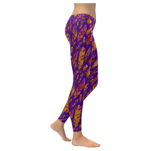 Watercolor Feathers And Dots Pattern Purple Women's Low Rise Leggings (Invisible Stitch) (Model L05)