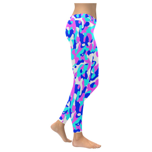 Camouflage Pattern Pink Blue Turquoise Women's Low Rise Leggings (Invisible Stitch) (Model L05)