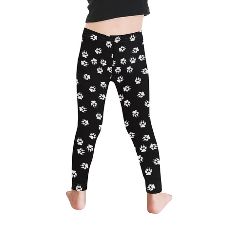 Footprints DOG white on black background Kid's Ankle Length Leggings (Model L06)