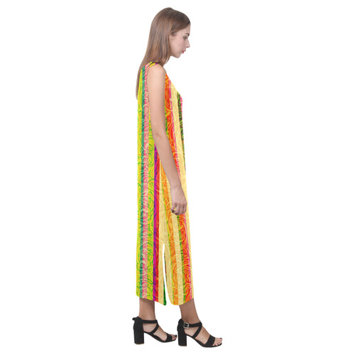 Colorful Stripes on Curls Pattern Phaedra Sleeveless Open Fork Long Dress (Model D08)