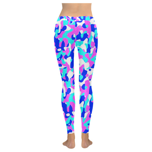 Camouflage Pattern Pink Blue Turquoise Women's Low Rise Leggings (Invisible Stitch) (Model L05)