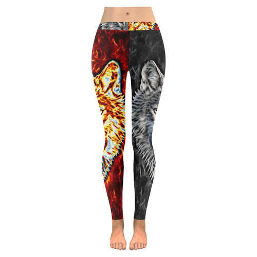A Graceful WOLF Looks Into Your Eyes Two-colored Women's Low Rise Leggings (Invisible Stitch) (Model L05)