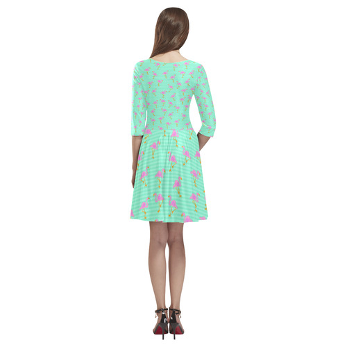 Pink and Green Flamingo Pattern Tethys Half-Sleeve Skater Dress(Model D20)