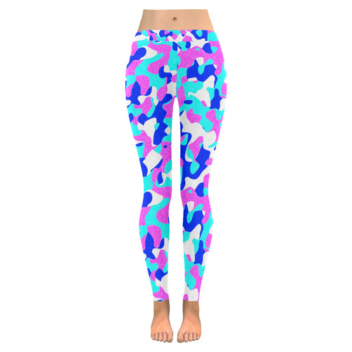 Camouflage Pattern Pink Blue Turquoise Women's Low Rise Leggings (Invisible Stitch) (Model L05)