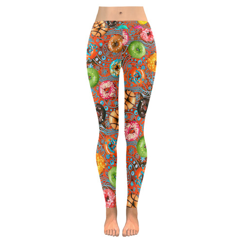 Colorful Yummy Donuts Hearts Ornaments Pattern Women's Low Rise Leggings (Invisible Stitch) (Model L05)