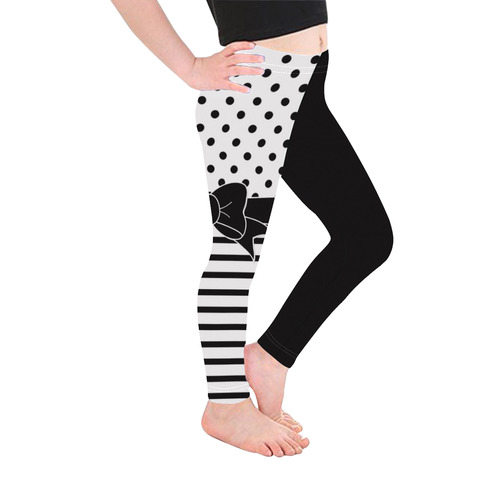 Polka Dots Stripes black white Comic Ribbon black Kid's Ankle Length Leggings (Model L06)