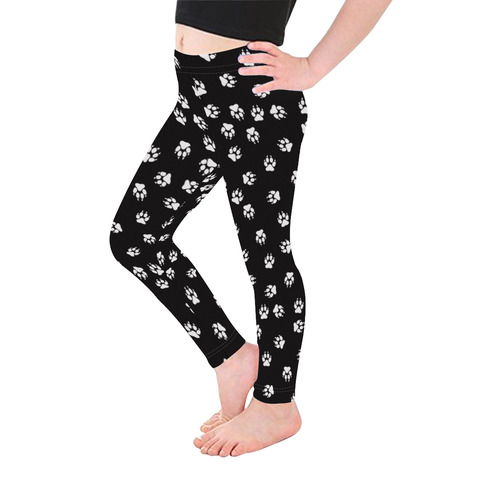 Footprints DOG white on black background Kid's Ankle Length Leggings (Model L06)