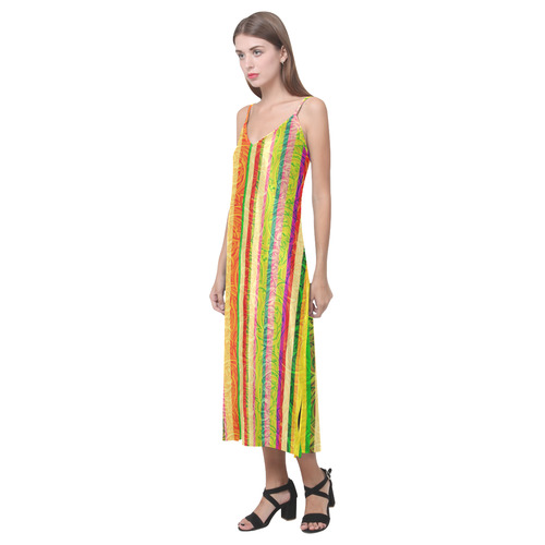 Colorful Stripes on Curls Pattern V-Neck Open Fork Long Dress(Model D18)