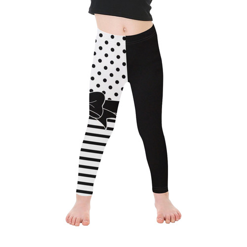 Polka Dots Stripes black white Comic Ribbon black Kid's Ankle Length Leggings (Model L06)