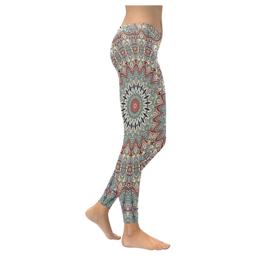 Oriental Watercolor Mandala Soft Blue Red Women's Low Rise Leggings (Invisible Stitch) (Model L05)