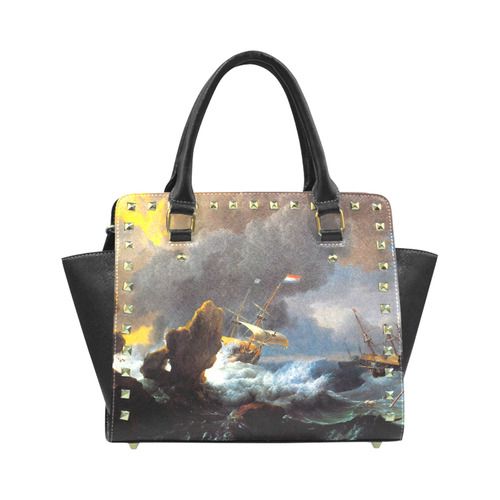 Ships in Distress off a Rocky Coast Rivet Shoulder Handbag (Model 1645)