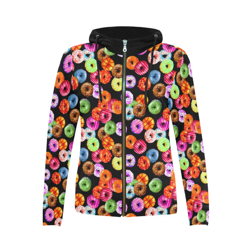 Colorful Yummy DONUTS pattern All Over Print Full Zip Hoodie for Women (Model H14)