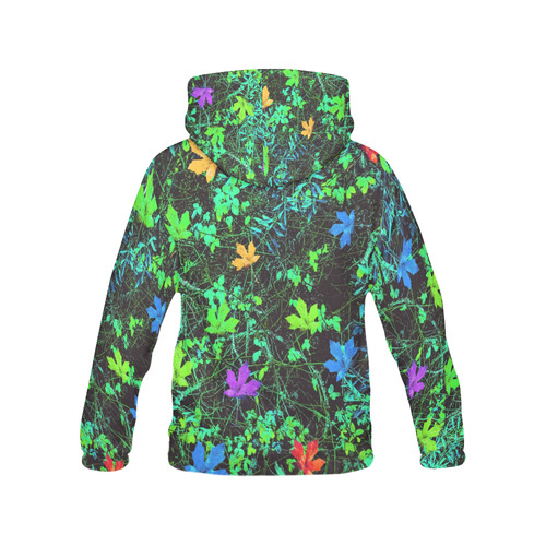 maple leaf in pink blue green yellow orange with green creepers plants background All Over Print Hoodie for Men (USA Size) (Model H13)