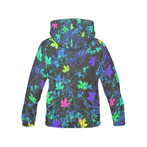 maple leaf in pink green purple blue yellow with blue creepers plants background All Over Print Hoodie for Men (USA Size) (Model H13)