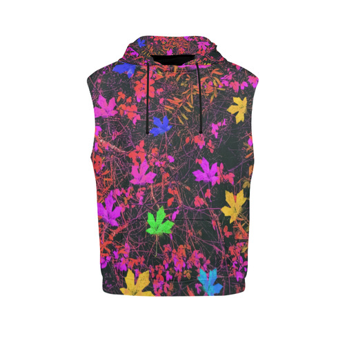 maple leaf in yellow green pink blue red with red and orange creepers plants background All Over Print Sleeveless Hoodie for Men (Model H15)