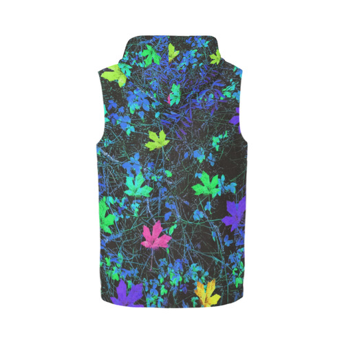 maple leaf in pink green purple blue yellow with blue creepers plants background All Over Print Sleeveless Zip Up Hoodie for Men (Model H16)