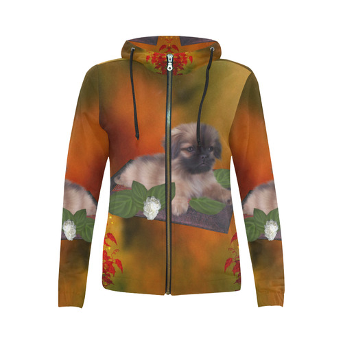 Cute lttle pekinese, dog All Over Print Full Zip Hoodie for Women (Model H14)