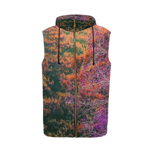 autumn tree in the forest with purple and brown leaf All Over Print Sleeveless Zip Up Hoodie for Men (Model H16)