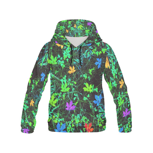 maple leaf in pink blue green yellow orange with green creepers plants background All Over Print Hoodie for Men (USA Size) (Model H13)