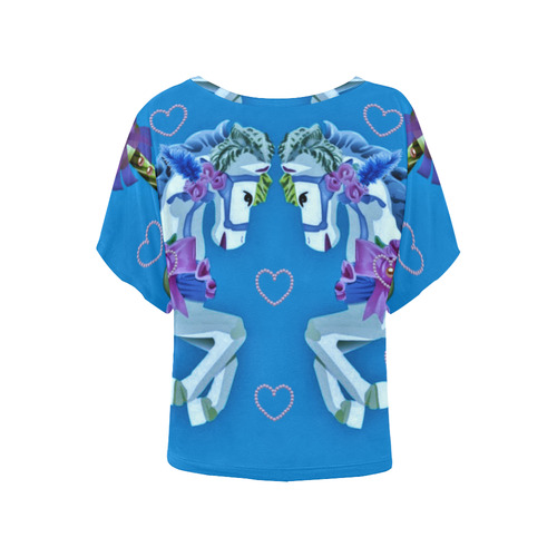 Girly Carousel Ponies - Blue Women's Batwing-Sleeved Blouse T shirt (Model T44)