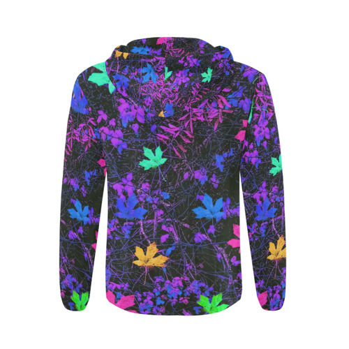 maple leaf in pink blue green yellow purple with pink and purple creepers plants background All Over Print Full Zip Hoodie for Men (Model H14)