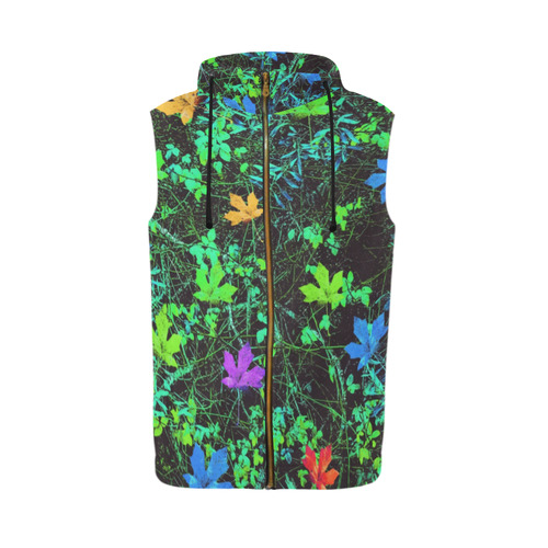 maple leaf in pink blue green yellow orange with green creepers plants background All Over Print Sleeveless Zip Up Hoodie for Men (Model H16)