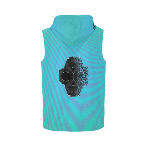 fractal black skull portrait with blue abstract background All Over Print Sleeveless Zip Up Hoodie for Men (Model H16)