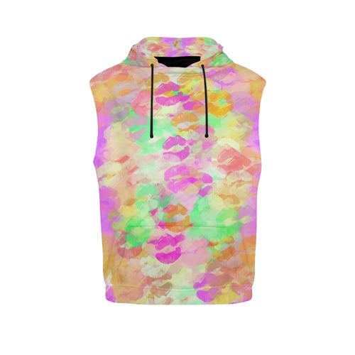 sexy kiss lipstick abstract pattern in pink orange yellow green All Over Print Sleeveless Hoodie for Men (Model H15)
