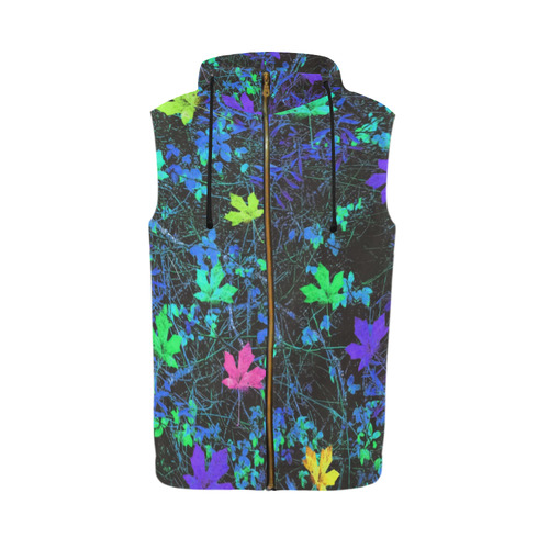 maple leaf in pink green purple blue yellow with blue creepers plants background All Over Print Sleeveless Zip Up Hoodie for Men (Model H16)