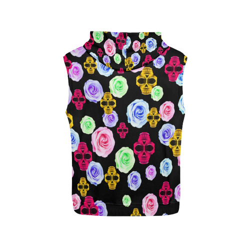 skull portrait in pink and yellow with colorful rose and black background All Over Print Sleeveless Hoodie for Men (Model H15)