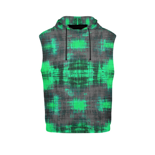 psychedelic geometric plaid abstract pattern in green and black All Over Print Sleeveless Hoodie for Men (Model H15)