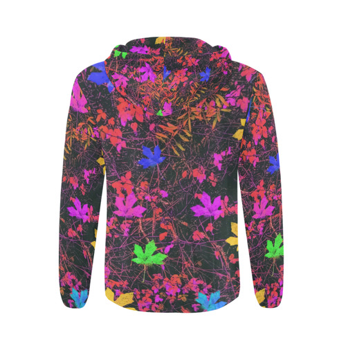 maple leaf in yellow green pink blue red with red and orange creepers plants background All Over Print Full Zip Hoodie for Men (Model H14)