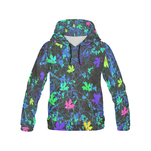 maple leaf in pink green purple blue yellow with blue creepers plants background All Over Print Hoodie for Men (USA Size) (Model H13)