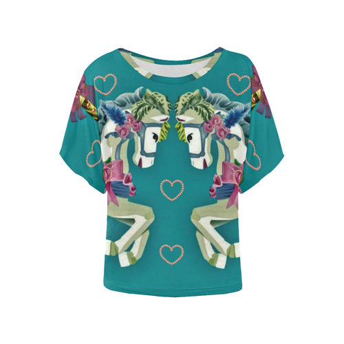 Girly Carousel Ponies - Green Women's Batwing-Sleeved Blouse T shirt (Model T44)