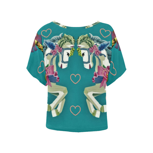 Girly Carousel Ponies - Green Women's Batwing-Sleeved Blouse T shirt (Model T44)