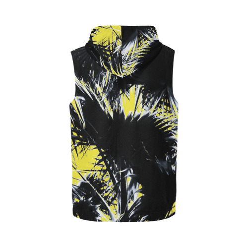black and white palm leaves with yellow background All Over Print Sleeveless Zip Up Hoodie for Men (Model H16)