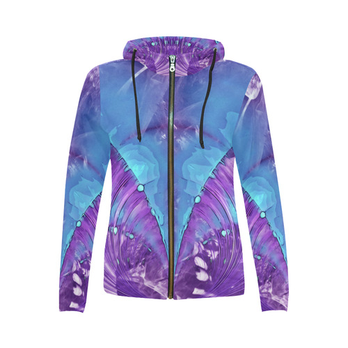 Abstract Fractal Painting - blue magenta pink All Over Print Full Zip Hoodie for Women (Model H14)