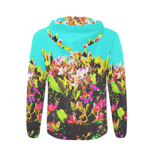 pink flowers with green leaves and blue background All Over Print Full Zip Hoodie for Men (Model H14)