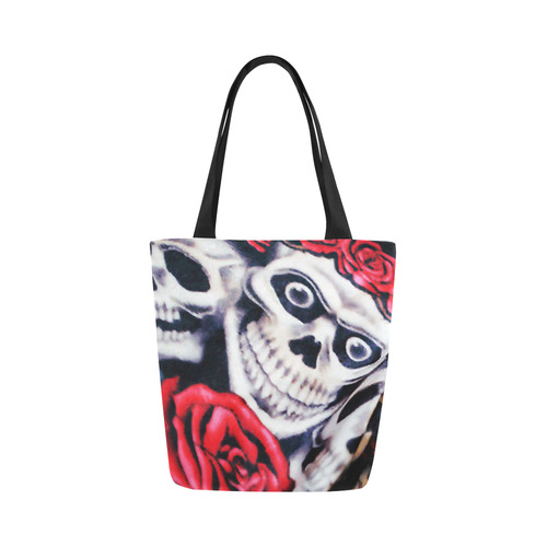 Scary Funny Skull Red Roses Floral Canvas Tote Bag (Model 1657)