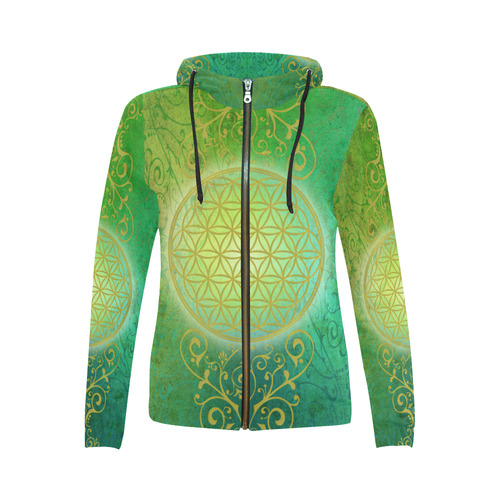 Symbol FLOWER OF LIFE vintage gold green All Over Print Full Zip Hoodie for Women (Model H14)