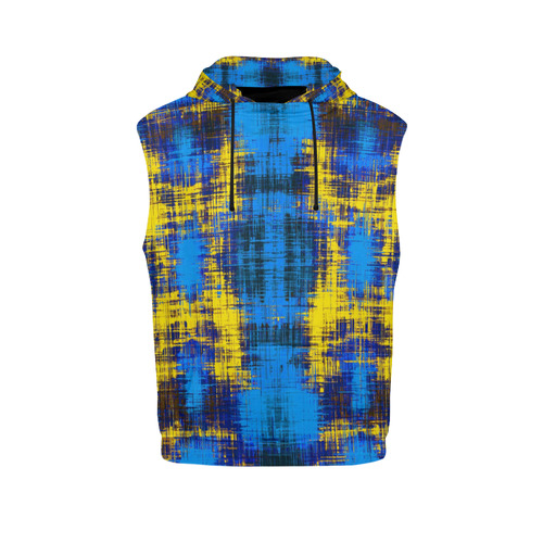 geometric plaid pattern painting abstract in blue yellow and black All Over Print Sleeveless Hoodie for Men (Model H15)