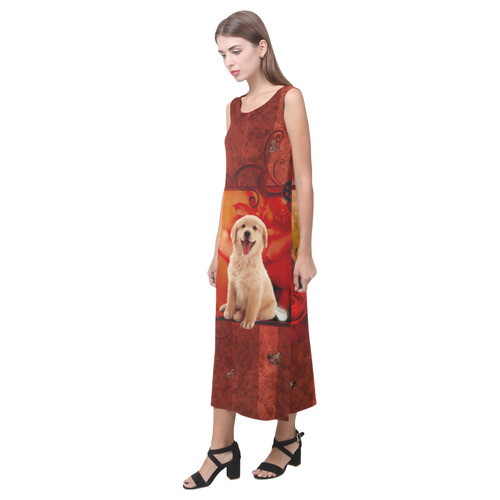 Sweet golden retriever Phaedra Sleeveless Open Fork Long Dress (Model D08)