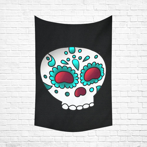 Cute Aqua Floral Sugar Skull Cotton Linen Wall Tapestry 60"x 90"